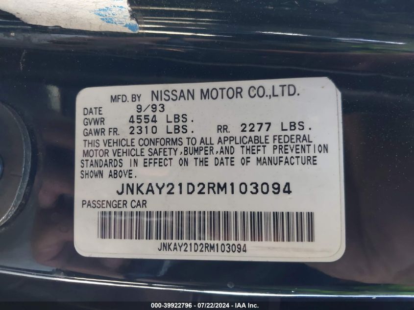 1994 Infiniti J30 VIN: JNKAY21D2RM103094 Lot: 39922796