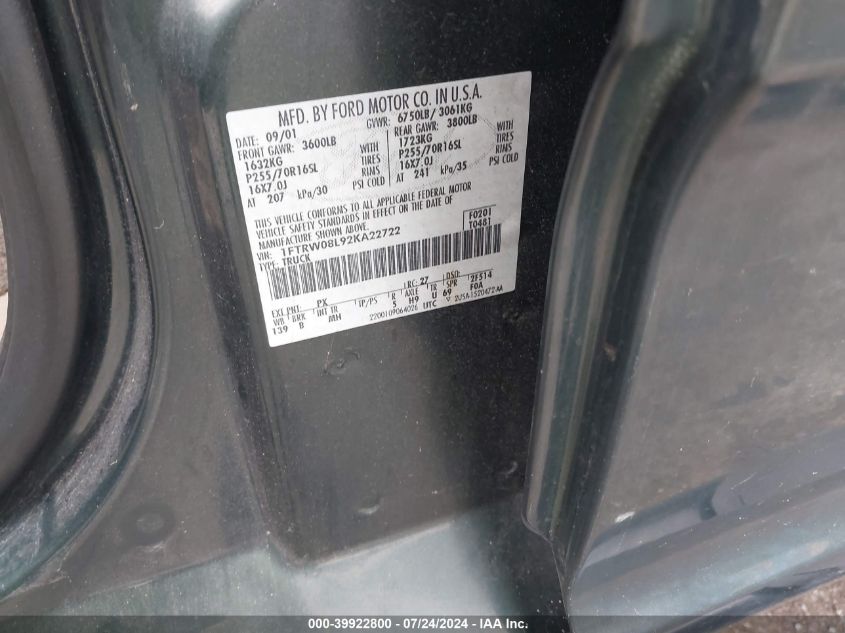 1FTRW08L92KA22722 2002 Ford F-150 Lariat/Xlt