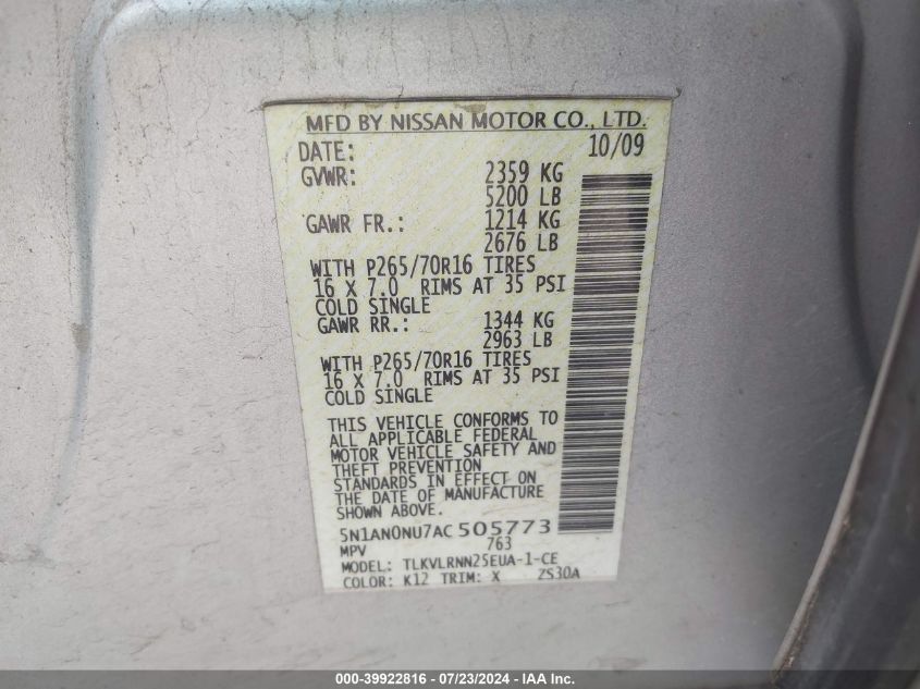 2010 Nissan Xterra S VIN: 5N1AN0NU7AC505773 Lot: 39922816