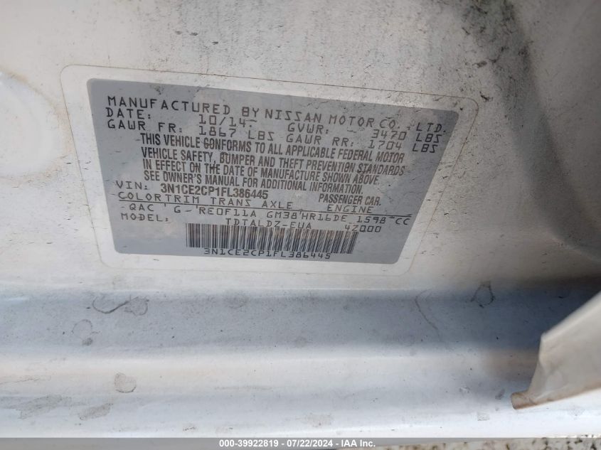 2015 Nissan Versa Note S (Sr)/S Plus/Sl/Sr/Sv VIN: 3N1CE2CP1FL386445 Lot: 39922819