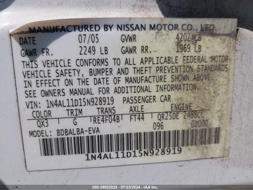 2005 Nissan Altima S/Sl VIN: 1N4AL11D15N928919 Lot: 39922828