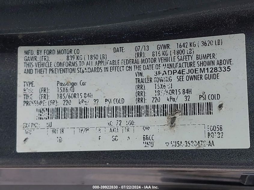 2014 Ford Fiesta Se VIN: 3FADP4EJ0EM128335 Lot: 39922830