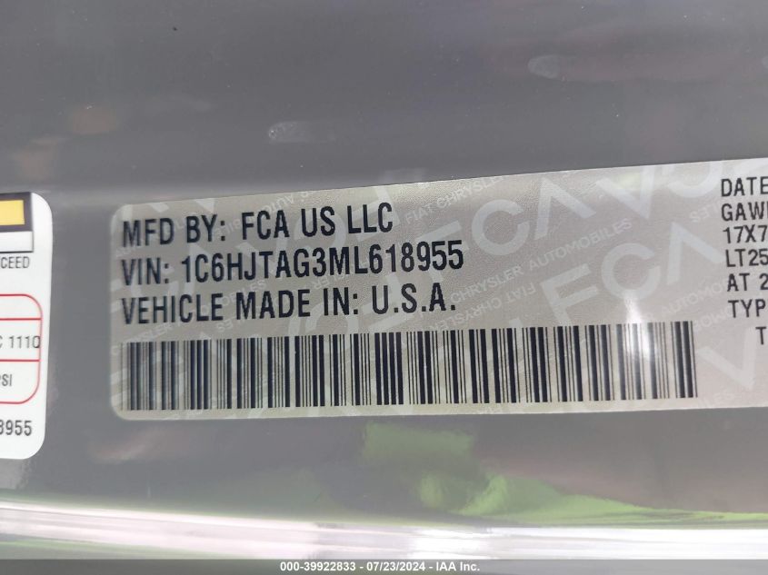 2021 Jeep Gladiator Willys 4X4 VIN: 1C6HJTAG3ML618955 Lot: 39922833