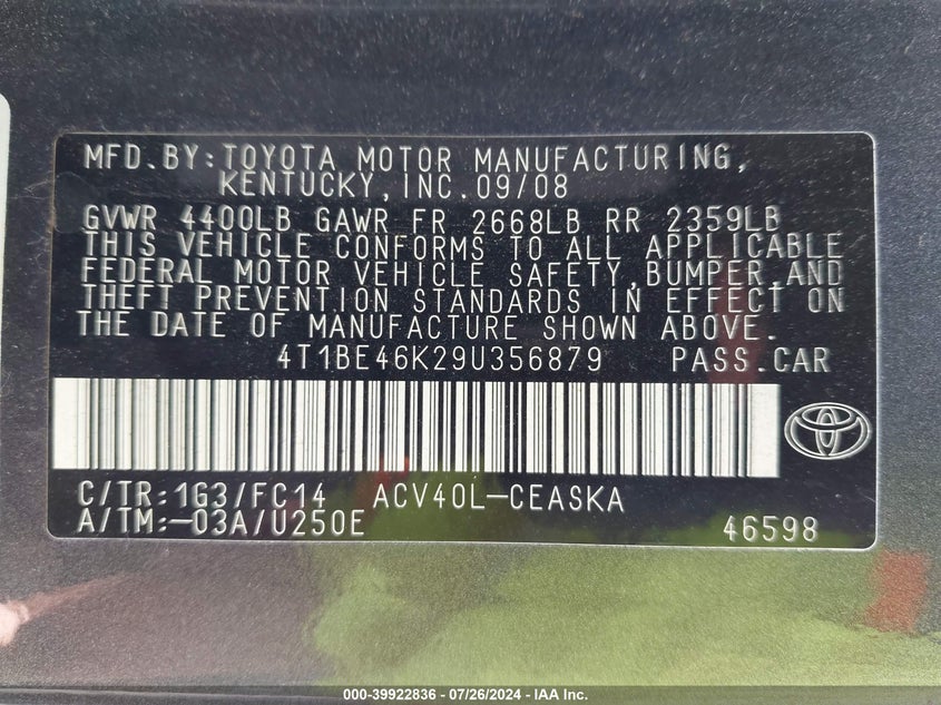 2009 Toyota Camry Se VIN: 4T1BE46K29U356879 Lot: 39922836