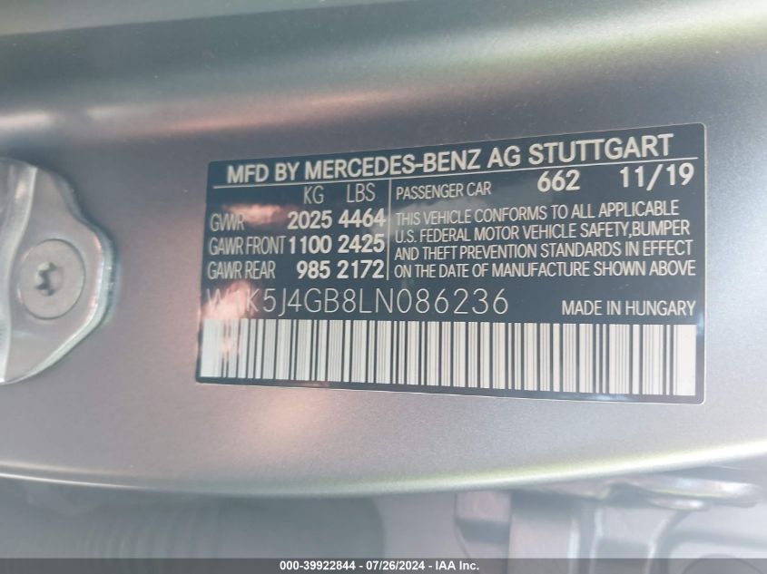 2020 Mercedes-Benz Cla 250 VIN: W1K5J4GB8LN086236 Lot: 39922844