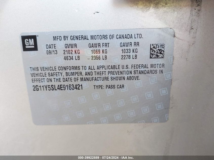 2014 Chevrolet Impala 1Ls VIN: 2G11Y5SL4E9163421 Lot: 39922889