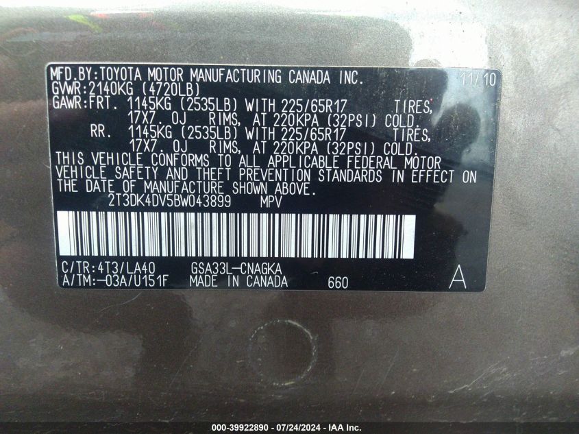 2011 Toyota Rav4 Limited VIN: 2T3DK4DV5BW043899 Lot: 39922890