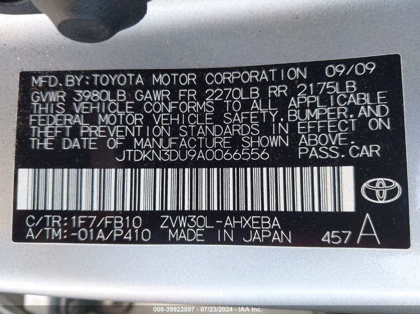 2010 Toyota Prius Iii VIN: JTDKN3DU9A0066556 Lot: 39922897