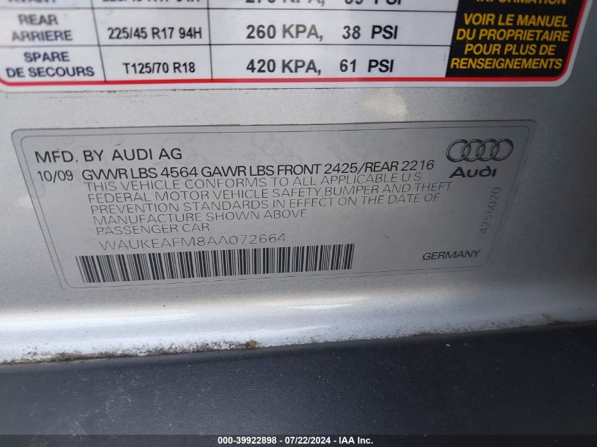 2010 Audi A3 2.0T Premium VIN: WAUKEAFM8AA072664 Lot: 39922898