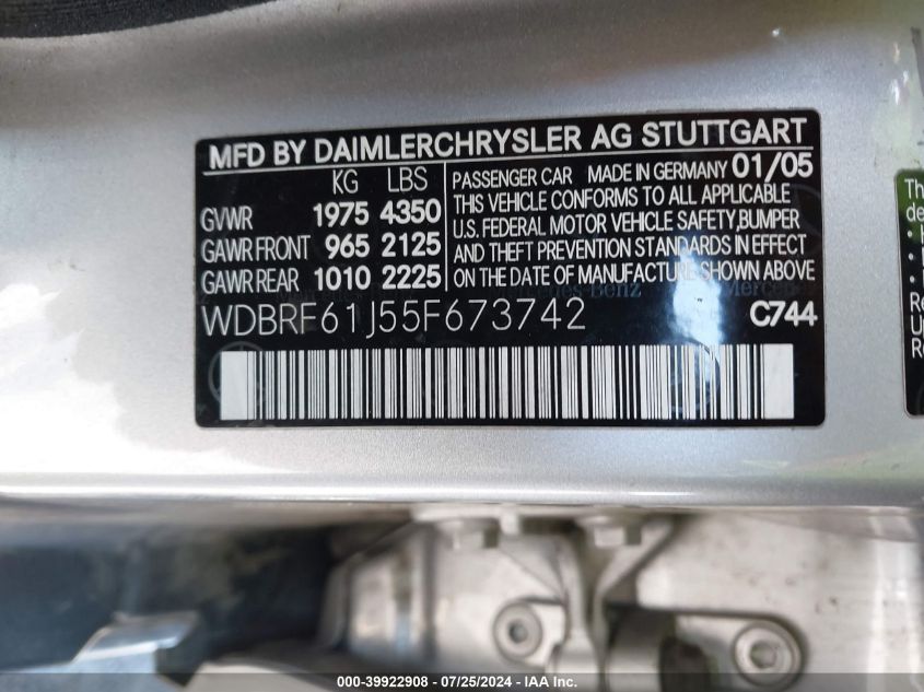 2005 Mercedes-Benz C 240 Luxury VIN: WDBRF61J55F673742 Lot: 39922908