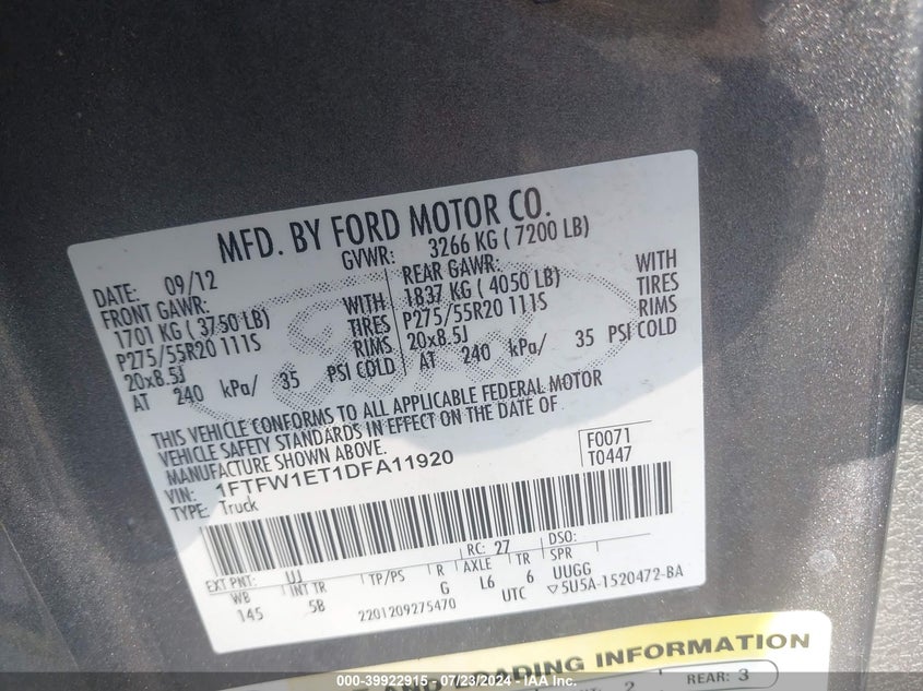 2013 Ford F-150 Fx4 VIN: 1FTFW1ET1DFA11920 Lot: 39922915