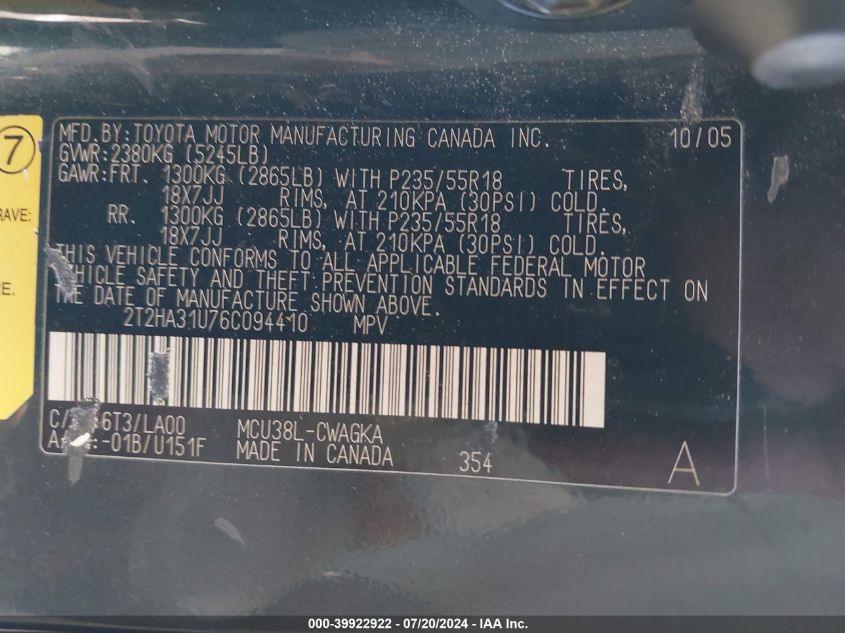 2006 Lexus Rx 330 VIN: 2T2HA31U76C094410 Lot: 39922922