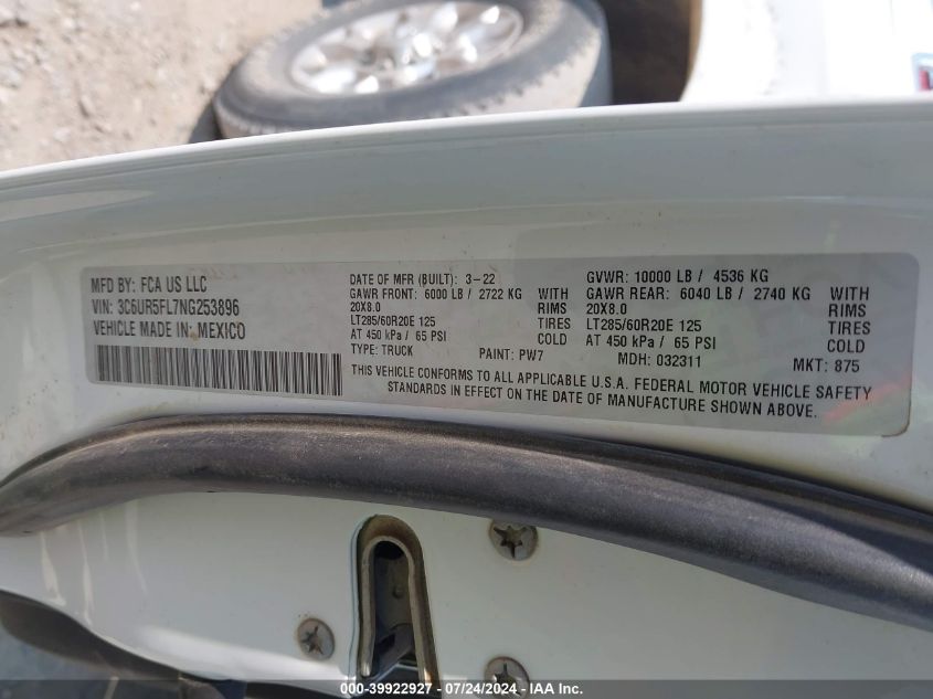 2022 Ram 2500 Laramie VIN: 3C6UR5FL7NG253896 Lot: 39922927