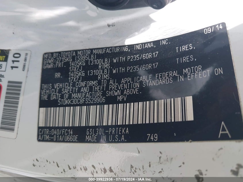 2015 Toyota Sienna Le 7 Passenger/Le 8 Passenger VIN: 5TDKK3DC8FS529906 Lot: 39922936
