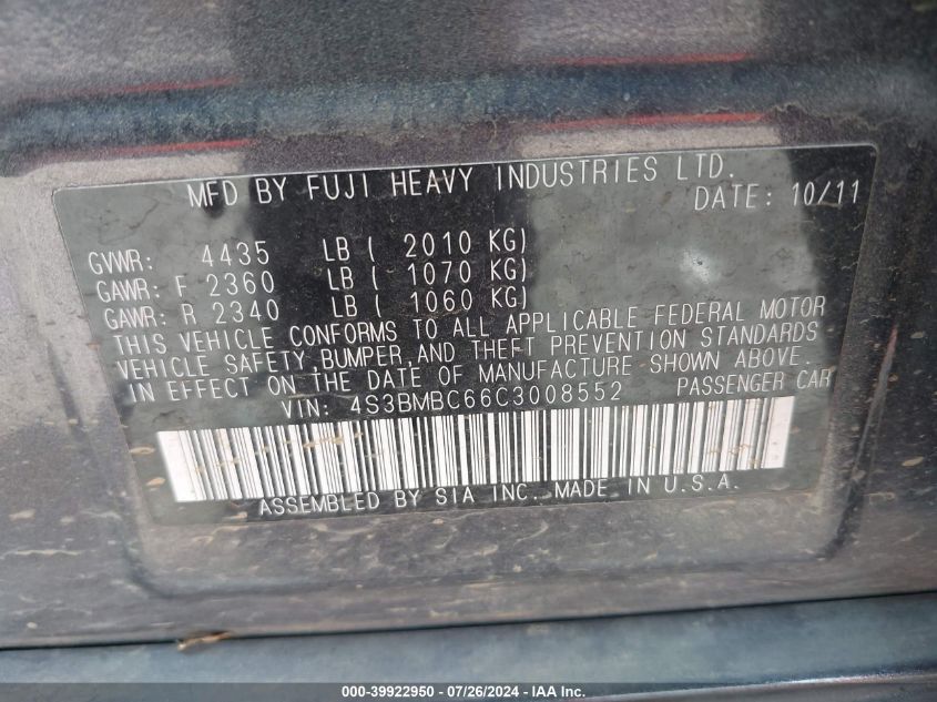 2012 Subaru Legacy 2.5I Premium VIN: 4S3BMBC66C3008552 Lot: 39922950