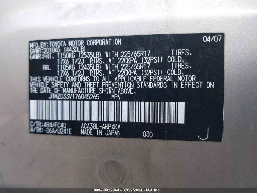 2007 Toyota Rav4 VIN: JTMZD33V176045265 Lot: 39922964