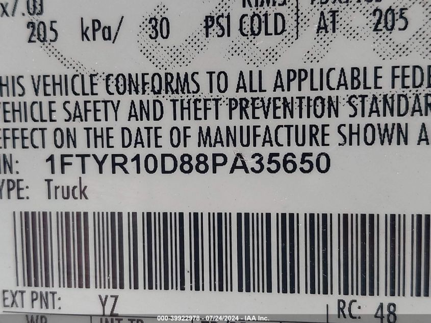 2008 Ford Ranger Xl/Xlt VIN: 1FTYR10D88PA35650 Lot: 39922978