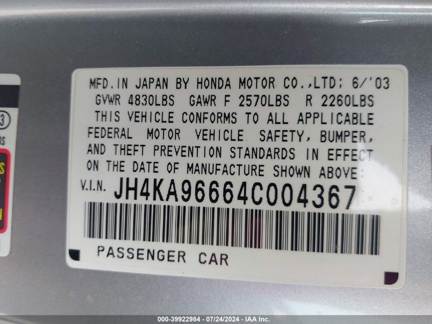 2004 Acura 3.5Rl VIN: JH4KA96664C004367 Lot: 39922984