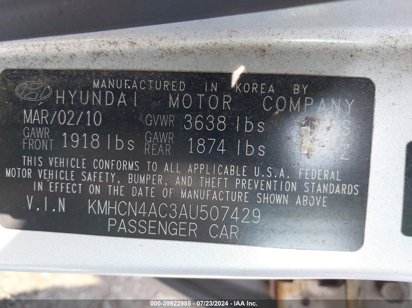 2010 Hyundai Accent Gls VIN: KMHCN4AC3AU507429 Lot: 39922985