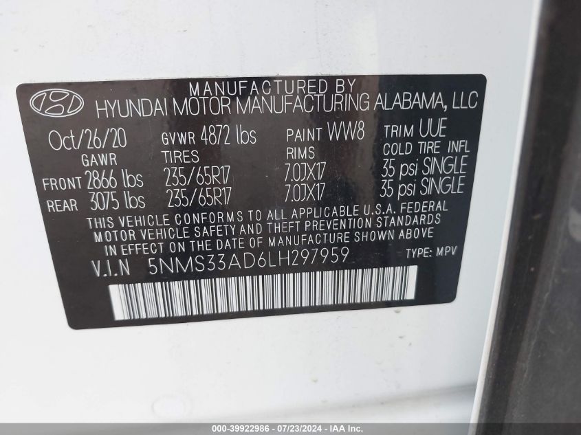 2020 Hyundai Santa Fe Sel VIN: 5NMS33AD6LH297959 Lot: 39922986