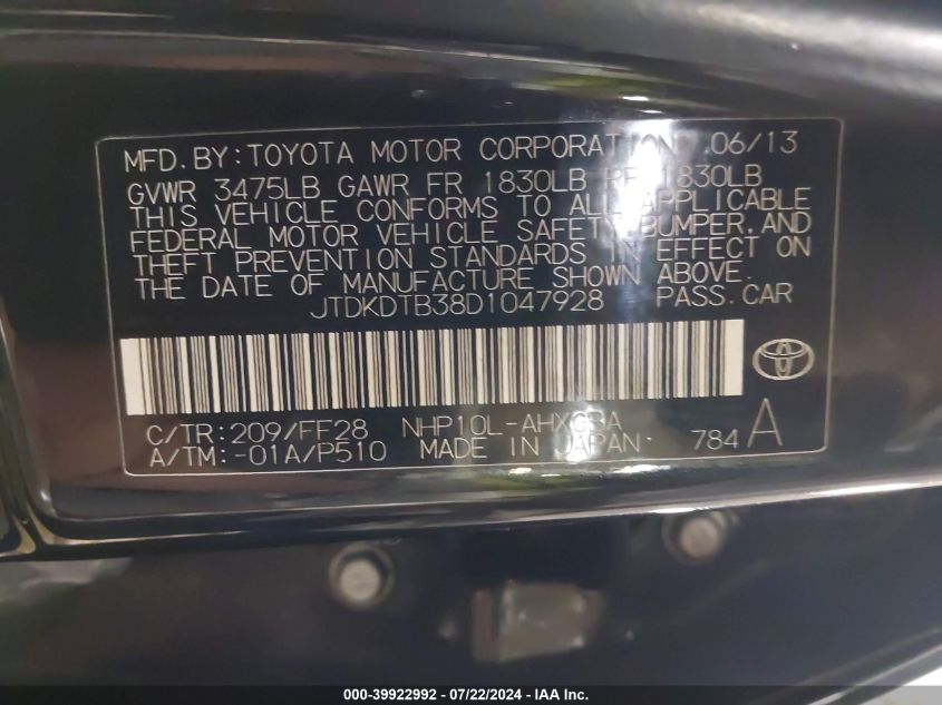 JTDKDTB38D1047928 2013 Toyota Prius C Three