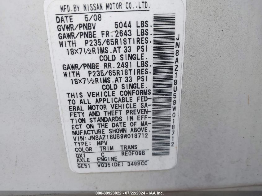 2009 Nissan Murano S VIN: JN8AZ18U59W018712 Lot: 39923022