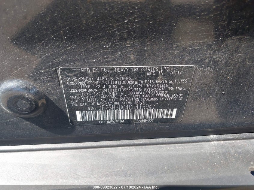 2012 Subaru Forester 2.5X VIN: JF2SHBBC4CH415947 Lot: 39923027