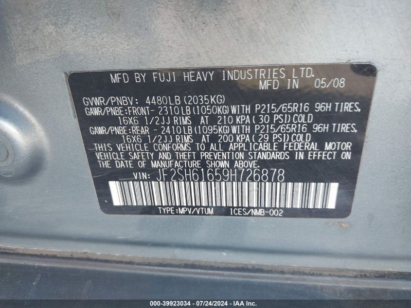 2009 Subaru Forester 2.5X VIN: JF2SH61659H726878 Lot: 39923034