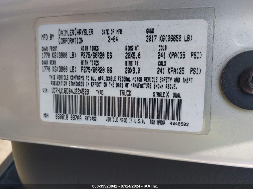 2004 Dodge Ram 1500 St/Slt VIN: 1D7HU18D84J224529 Lot: 39923042