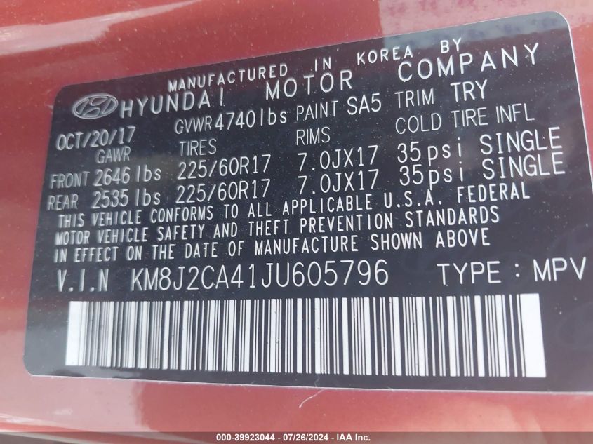 2018 Hyundai Tucson Se VIN: KM8J2CA41JU605796 Lot: 39923044