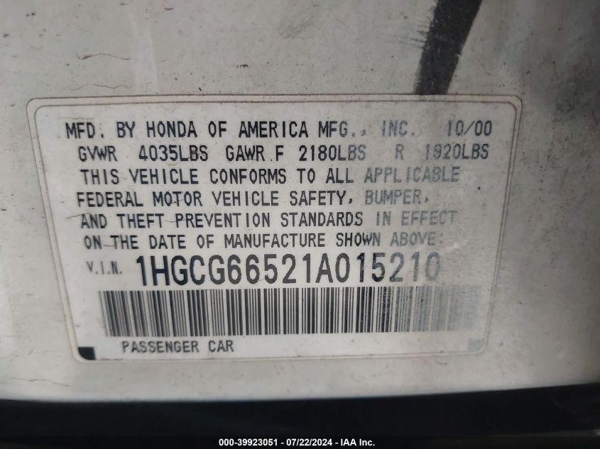 2001 Honda Accord 2.3 Lx VIN: 1HGCG66521A015210 Lot: 39923051