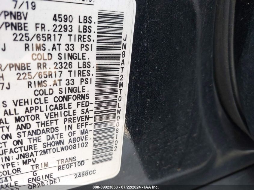 2020 Nissan Rogue S Fwd VIN: JN8AT2MT0LW008102 Lot: 39923058