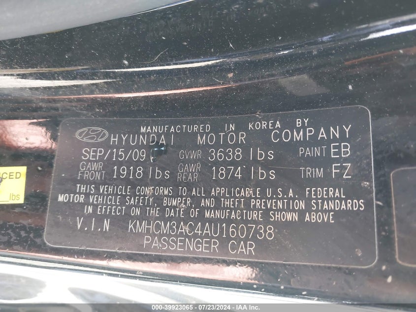 2010 Hyundai Accent Gs VIN: KMHCM3AC4AU160738 Lot: 39923065