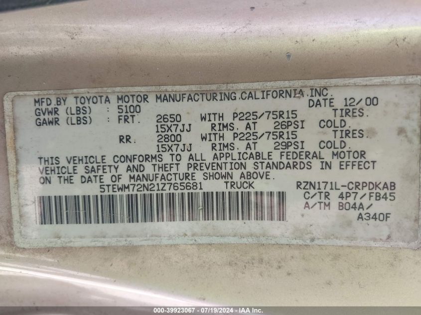 2001 Toyota Tacoma Base (A4) VIN: 5TEWM72N21Z765681 Lot: 39923067
