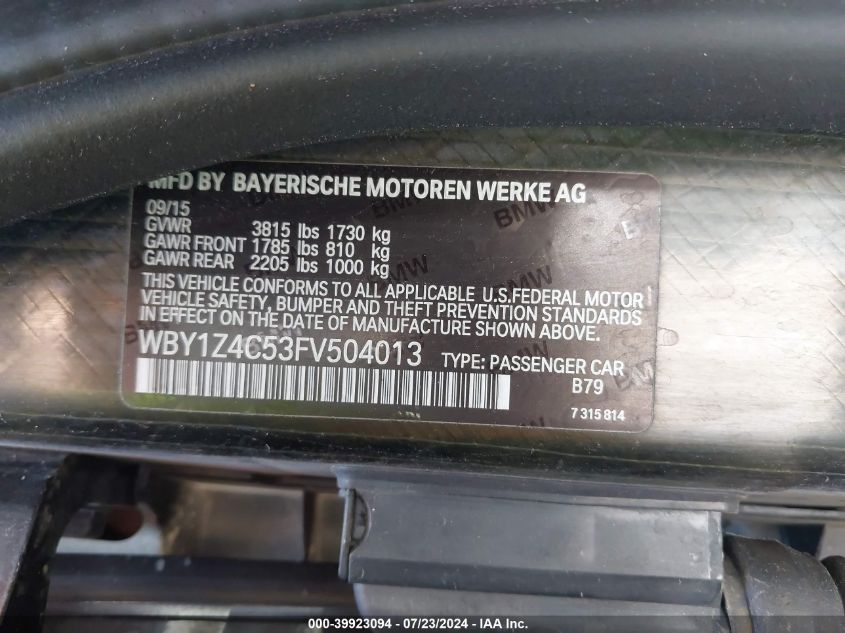 2015 BMW I3 Base W/Range Extender VIN: WBY1Z4C53FV504013 Lot: 39923094