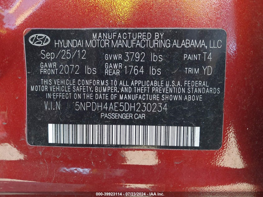 2013 Hyundai Elantra Limited VIN: 5NPDH4AE5DH230234 Lot: 39923114