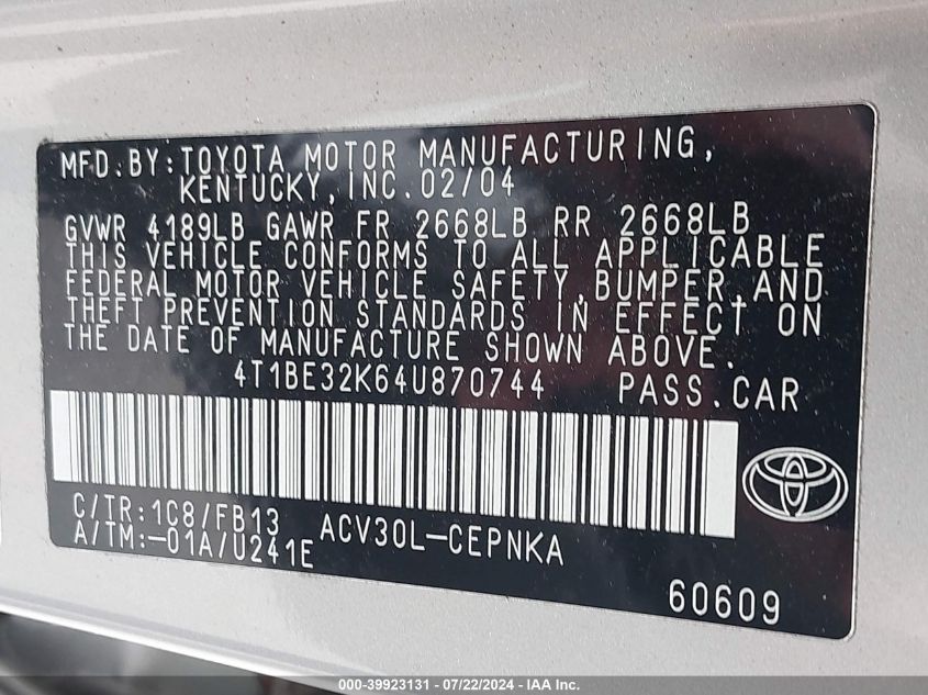 2004 Toyota Camry Le VIN: 4T1BE32K64U870744 Lot: 39923131