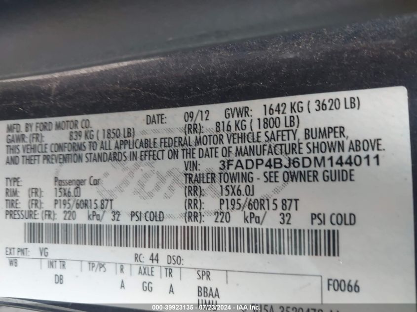 2013 Ford Fiesta Se VIN: 3FADP4BJ6DM144011 Lot: 39923135