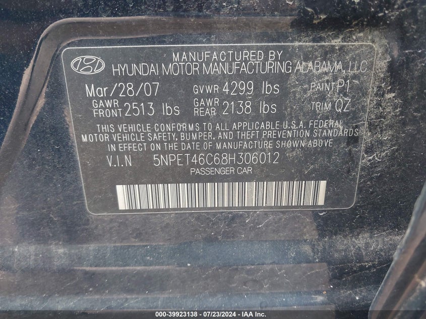 2008 Hyundai Sonata Gls VIN: 5NPET46C68H306012 Lot: 39923138