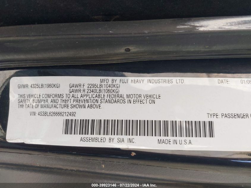 2006 Subaru Legacy 2.5I VIN: 4S3BL626666212492 Lot: 39923146