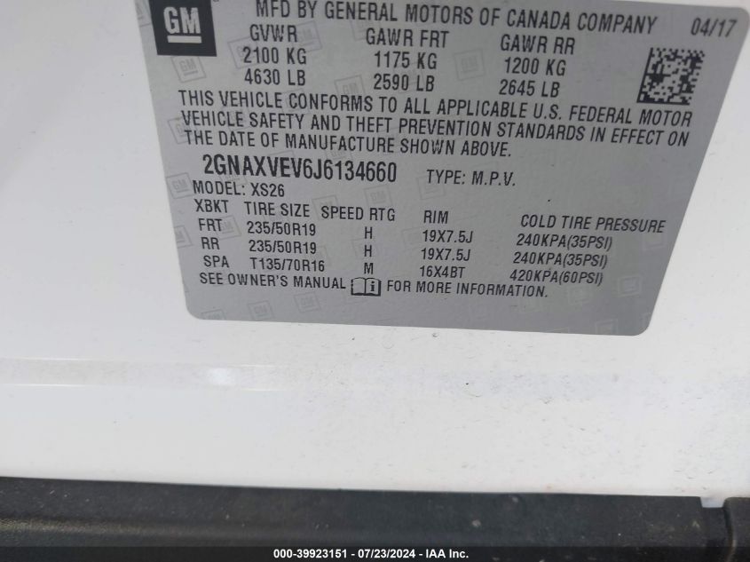 2018 Chevrolet Equinox Premier VIN: 2GNAXVEV6J6134660 Lot: 39923151