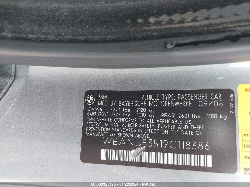 2009 BMW 528I VIN: WBANU53519C118386 Lot: 39923175