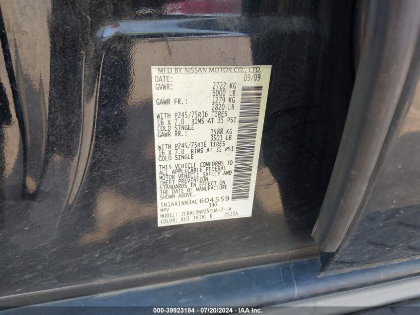 2010 Nissan Pathfinder S/Le/Se VIN: 5N1AR1NN3AC604559 Lot: 39923184