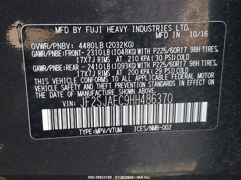 2017 Subaru Forester 2.5I Premium VIN: JF2SJAEC9HH486370 Lot: 39923189