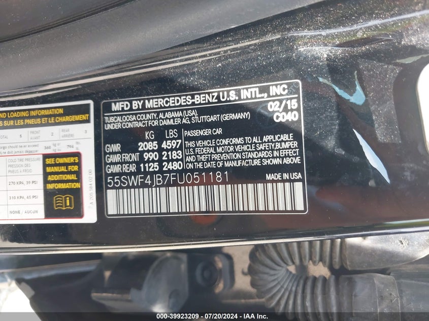 2015 Mercedes-Benz C 300 Luxury/Sport VIN: 55SWF4JB7FU051181 Lot: 39923209
