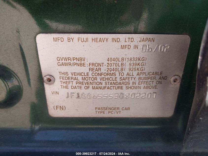 2003 Subaru Impreza Ts VIN: JF1GG65553G802207 Lot: 39923217