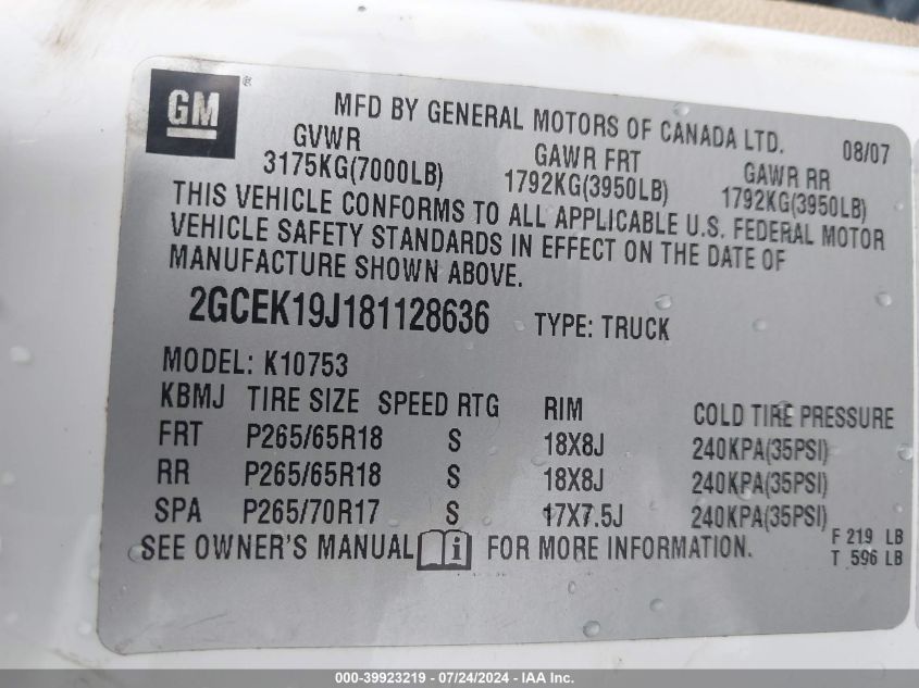 2008 Chevrolet Silverado 1500 Lt1 VIN: 2GCEK19J181128636 Lot: 39923219