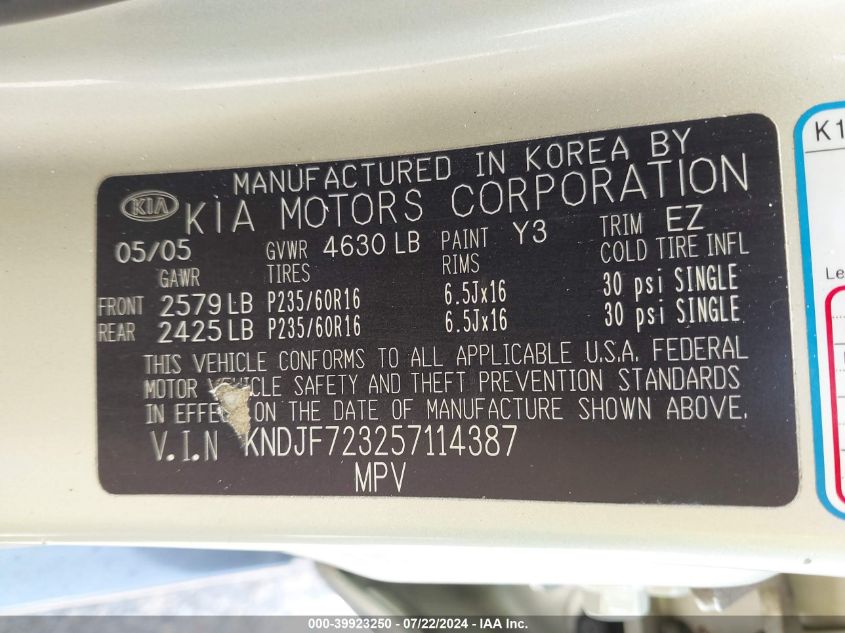 2005 Kia Sportage Ex V6/Lx V6 VIN: KNDJF723257114387 Lot: 39923250