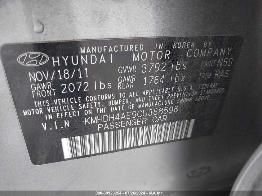2012 Hyundai Elantra Limited (Ulsan Plant) VIN: KMHDH4AE9CU368598 Lot: 39923254