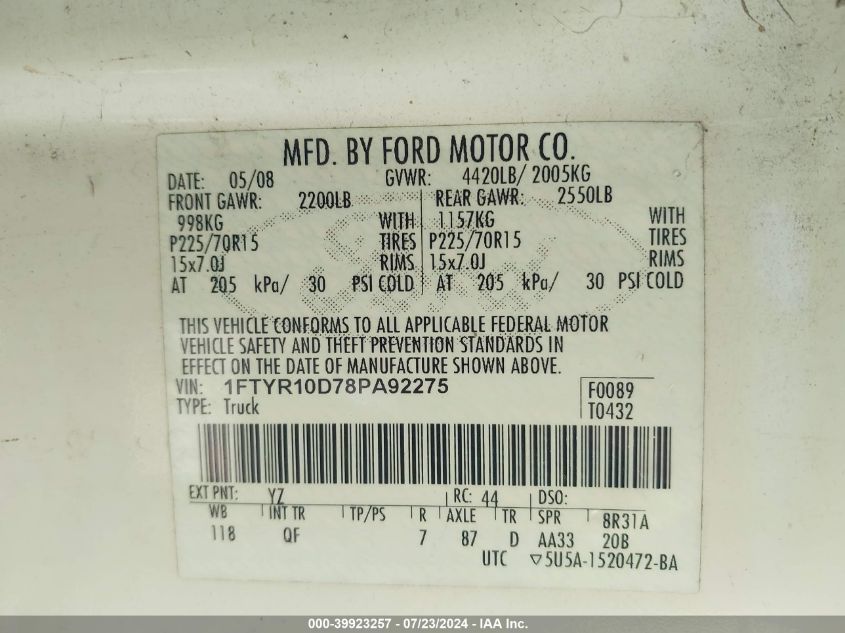 2008 Ford Ranger VIN: 1FTYR10D78PA92275 Lot: 39923257